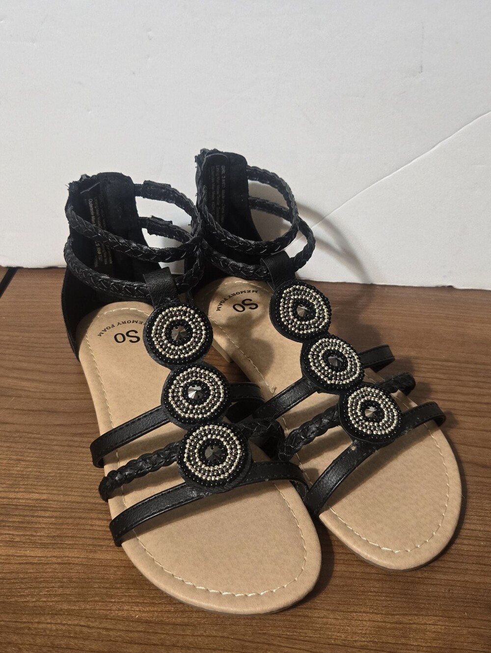 Girls' Black Beaded Strappy Sandals with Ankle Wrap
